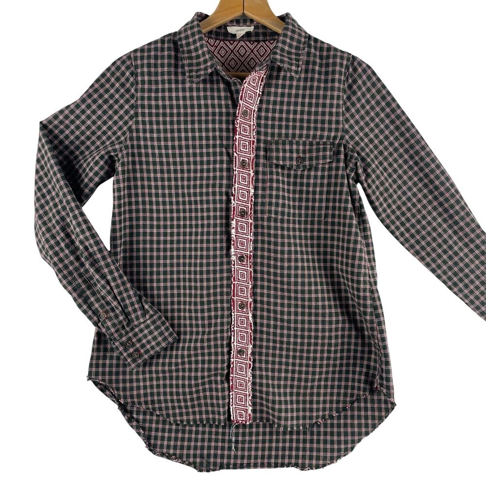 ODDY Men’s Button Down Cotton Shirt SZ S Green/Red Plaid Aztec Trim Long Sleeve